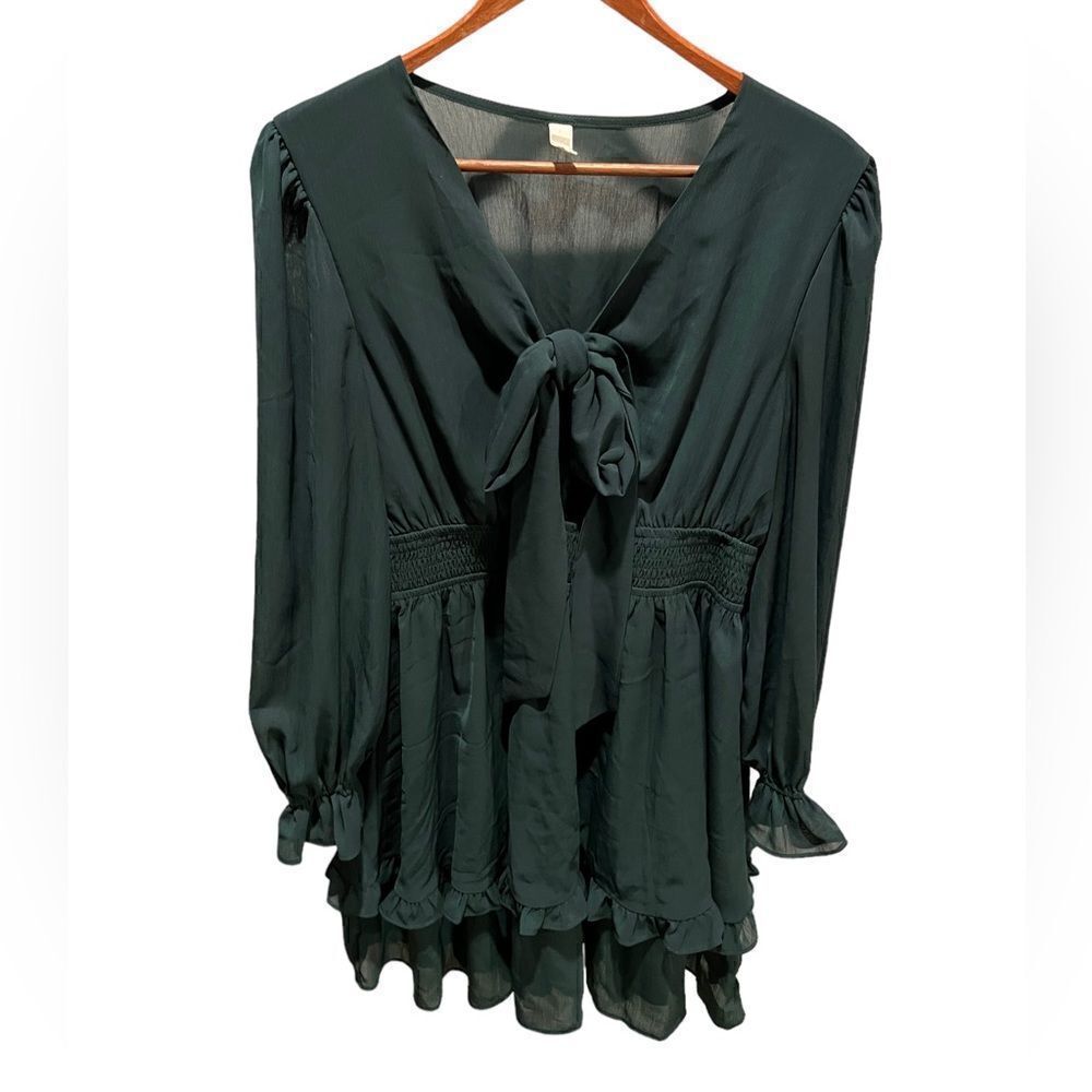 EXLURA‎ Women Lantern Sleeve Mini Dress with front tie and long sleeves